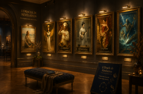 cartes d'oracle accrochées au mur comme dans une galerie d'art, dans un musée