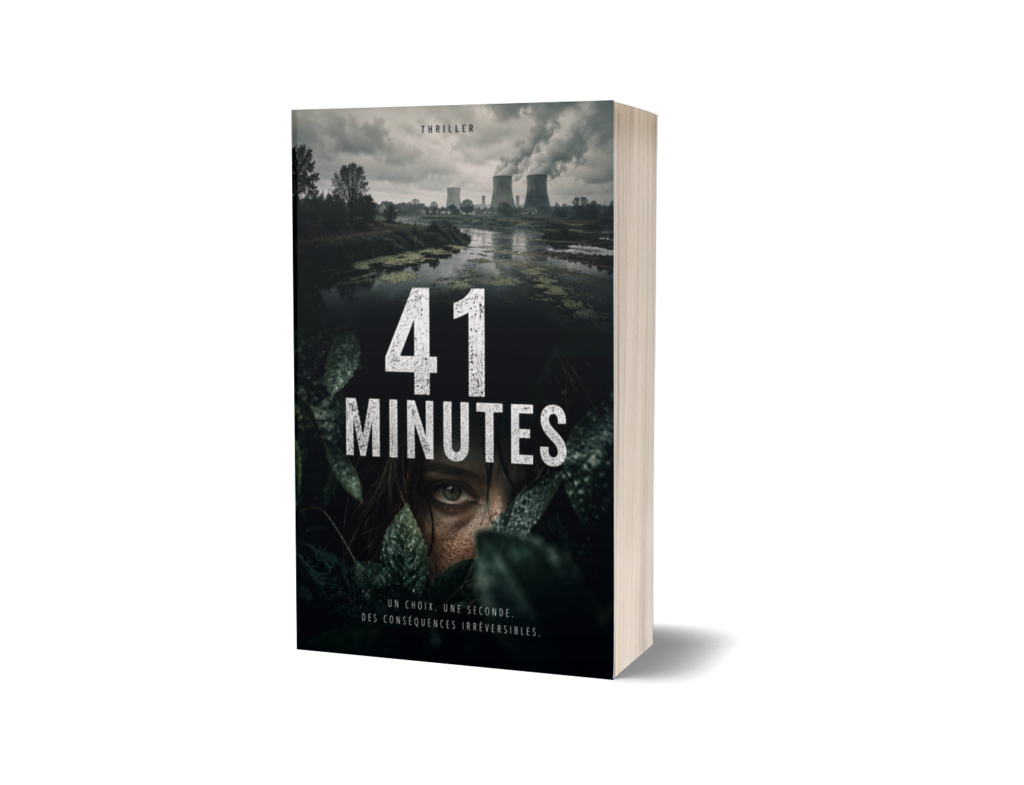 livre thriller: une femme cachée par des feuilles, n ne voit qu'un oeil. en arrière plan, la nature détruite et une centrale qui souffle de la fumée