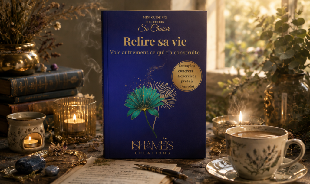 guide de développement personnel relire sa vie. Livre bleu nuit avec fleurs de papyrus. Posé sur une table. Bougies et feuillages ambiance bohème