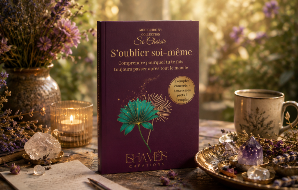 guide de développement personnel s'oublier soi meme, couverture violette, fleurs de papyrus. Posé sur un bureau. Style bohème. Beaucoup de feuillages