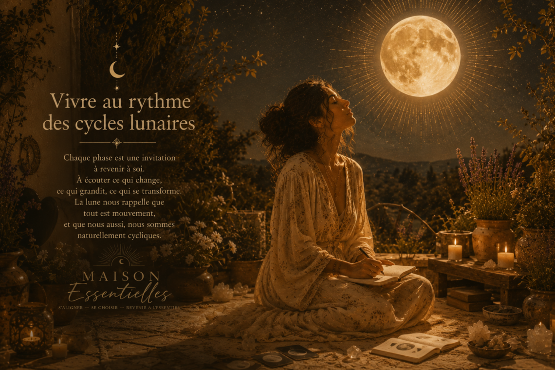 une femme est éclairée par la pleine lune, elle vit au rythme des cycles lunaires