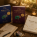 3 guides de développement personnel sur un bureau. Ambiance bohème. Bougies et feuillages. Un cahier d'écriture