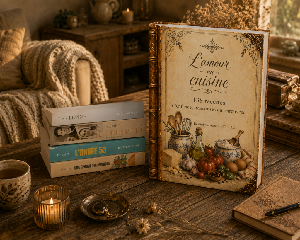 4 romans et un livre de cuisine sur un bureau, avec un plaid et le bout d'un canapé. Une bougie est allumée