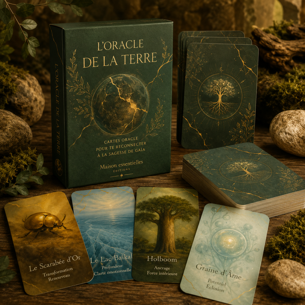 boite d'oracle vert foncé avec 4 cartes étalées, le coffret assorti et le livret
