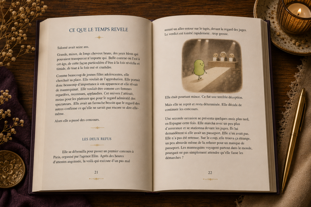 pages intérieures du guide avec une image d'un bonhomme qui défile devant un jury