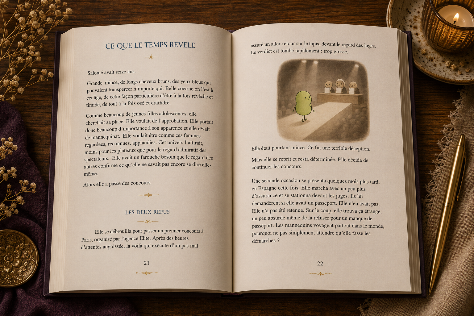 pages intérieures du guide avec une image d'un bonhomme qui défile devant un jury