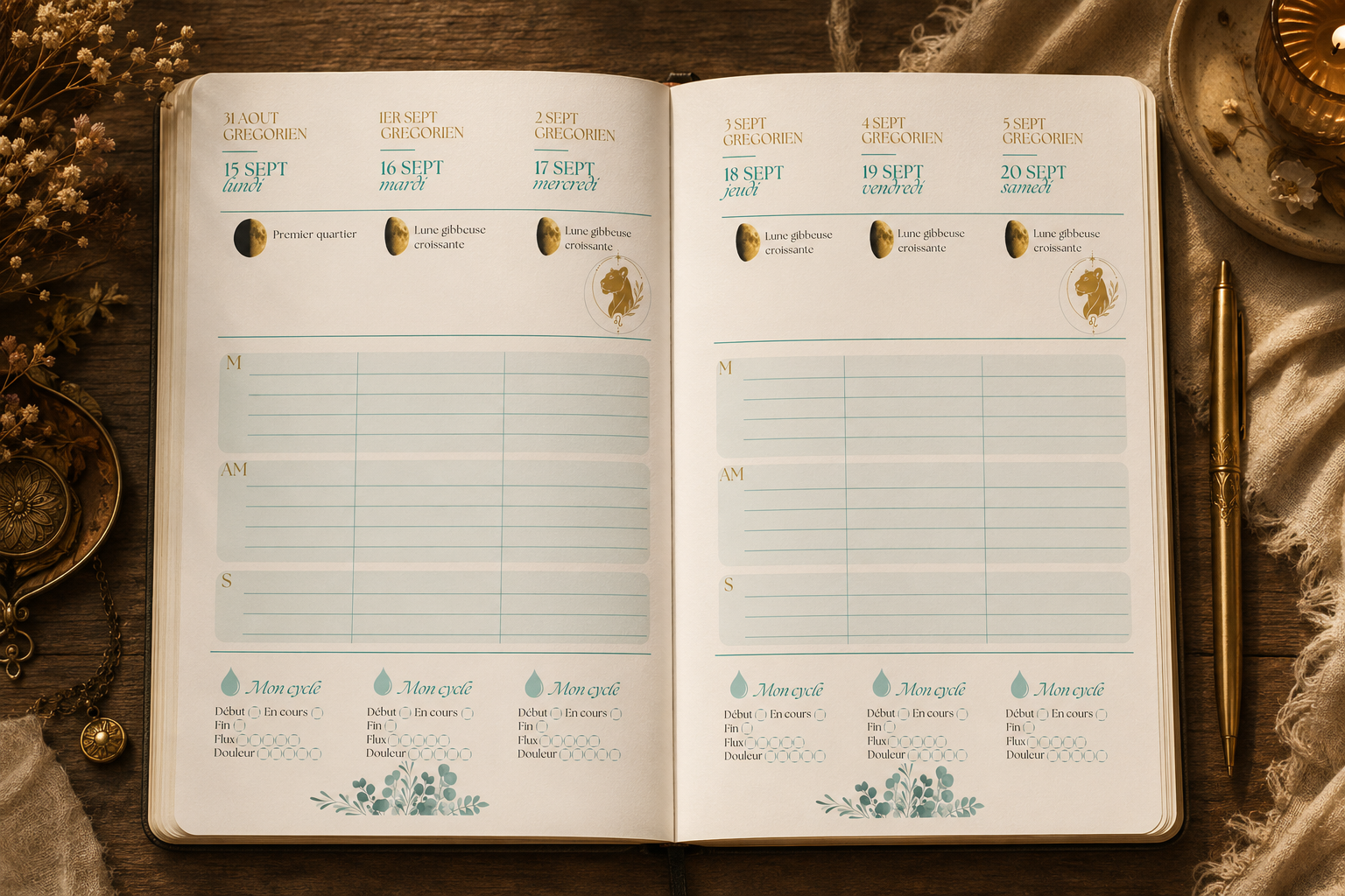 intérieur des pages de l'agenda essentielles avec calendrier grégorien couplé avec celui de 13 mois de 28 jours