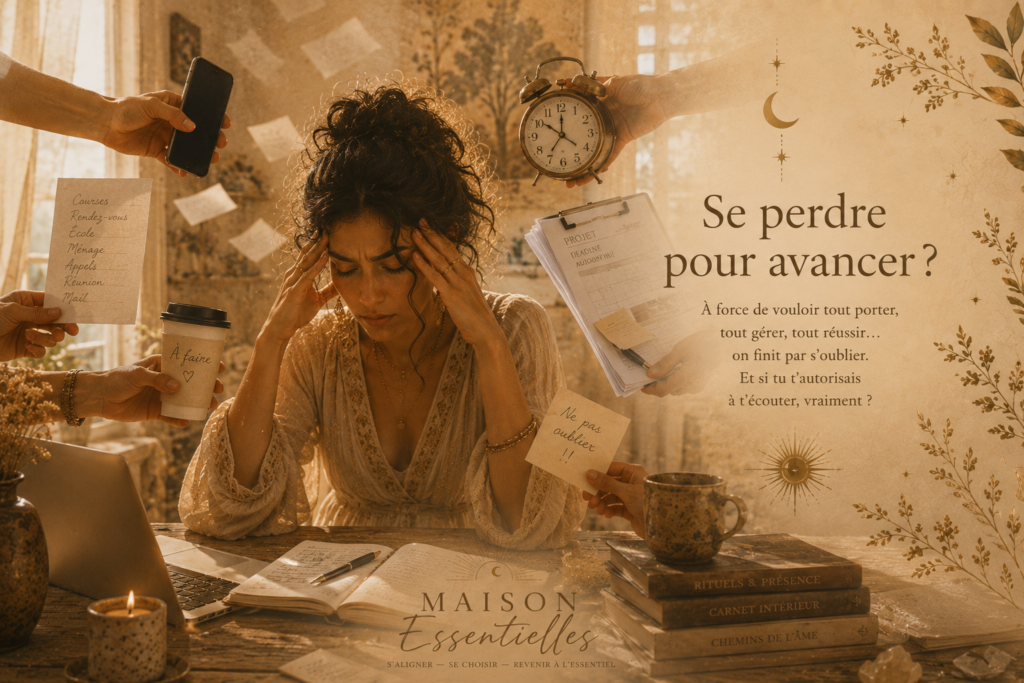 une femme épuisée par la charge mentale et le chaos ambiant. des notes arrivent de toutes part autour d'elle 