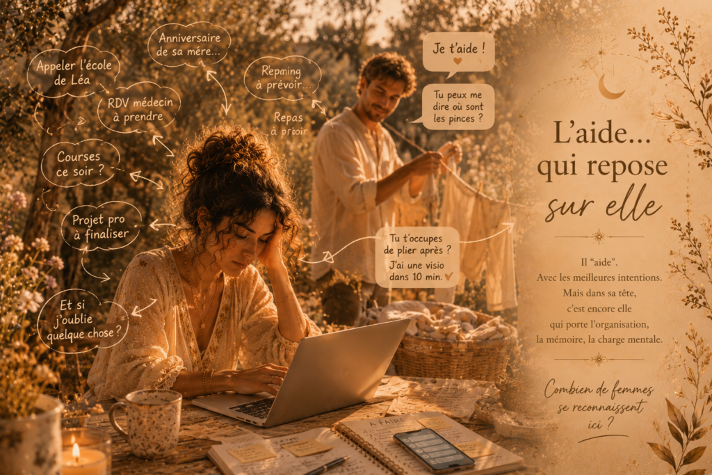 une femme est envahie par des pensées qui forment sa charge mentale invisible