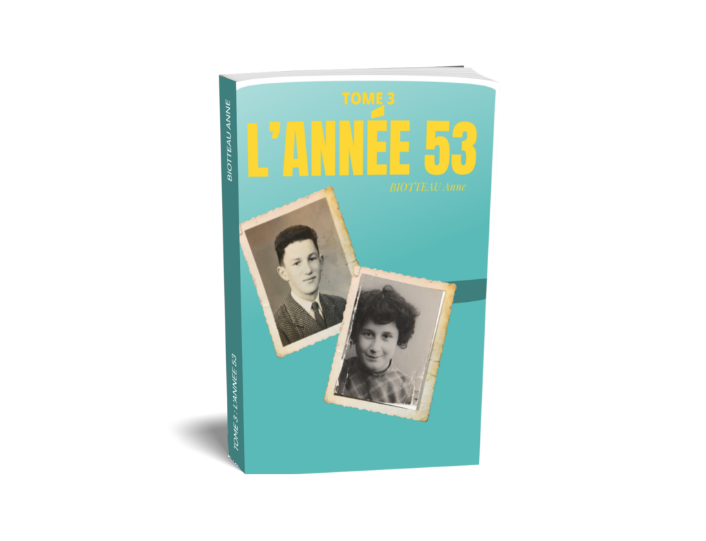 un livre couleur turquoise avec deux petites photos d'identité anciennes: une fille et un garçon jeunes adultes 