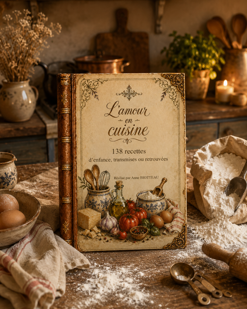 livre de cuisine de recettes traditionnelles familiales De la farine est éparpillée partout autour