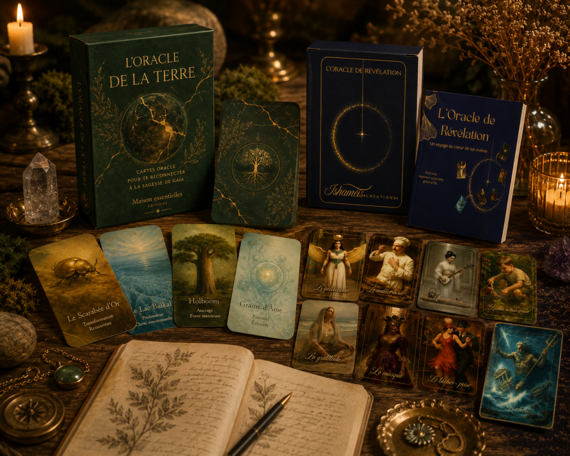 oracles de la terre et oracle de révélation sur la meme table avec les cartes et les livrets