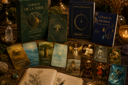 oracles de la terre et oracle de révélation sur la meme table avec les cartes et les livrets