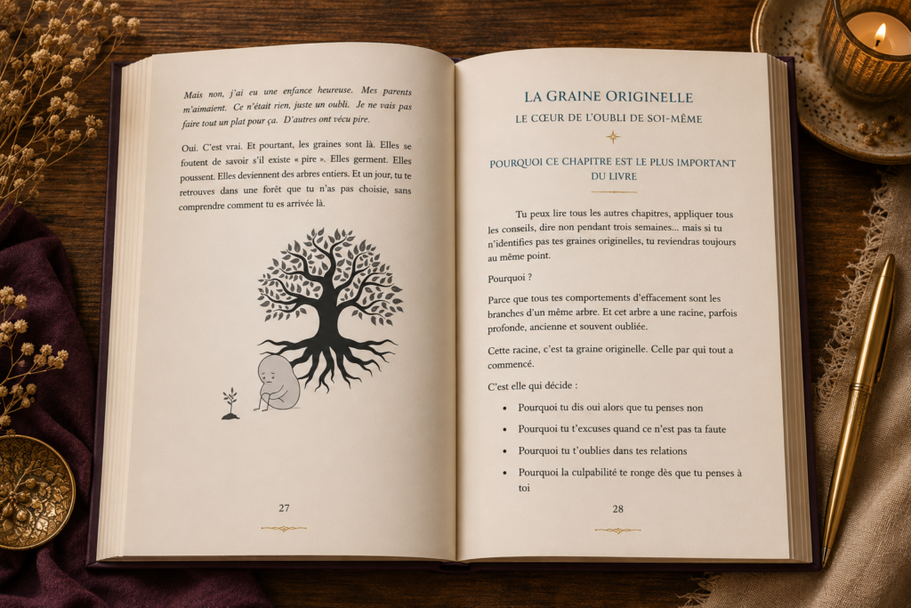 pages intérieures du livre avec un bonhomme triste assis sous un arbre 