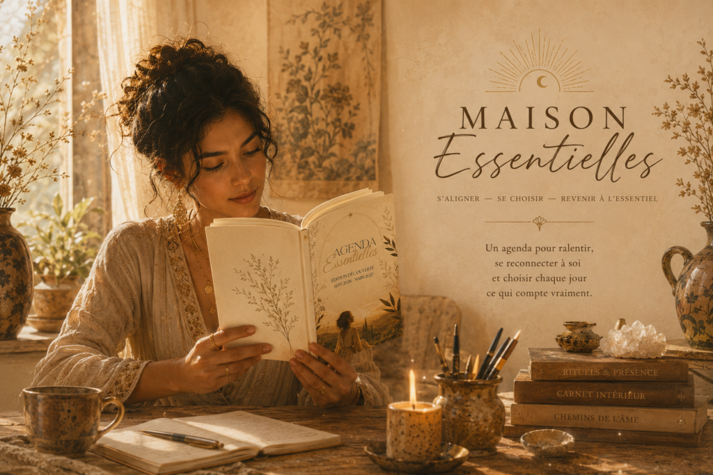 une femme tient l'agenda perpétuel essentielles dans ses mains 