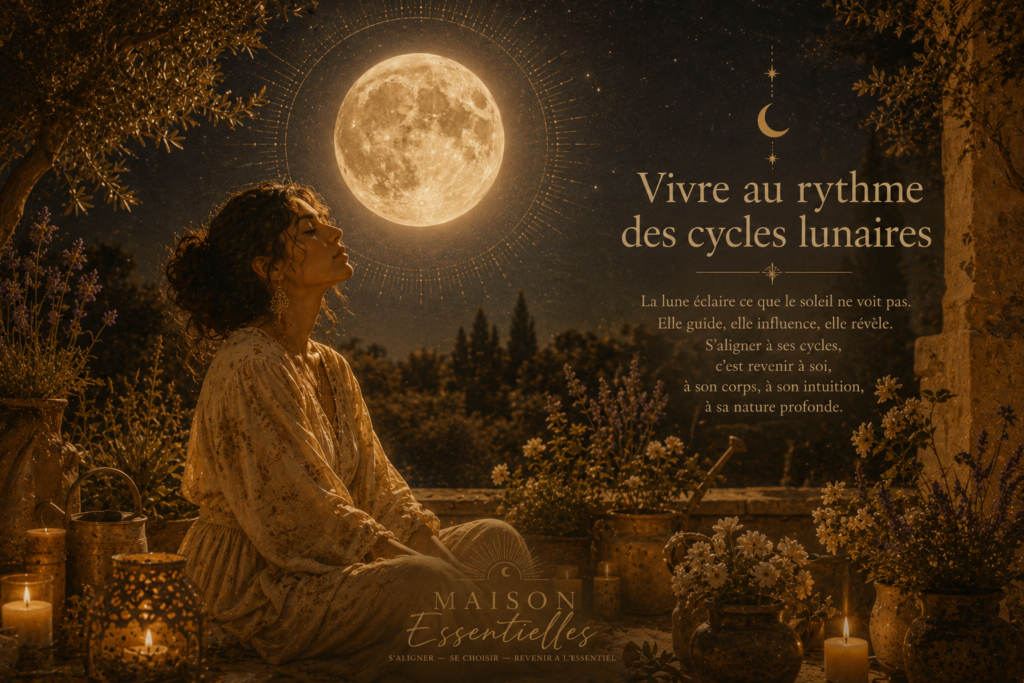 une femme assise en tailleur éclairée par la lune vit au rythme des cycles lunaires